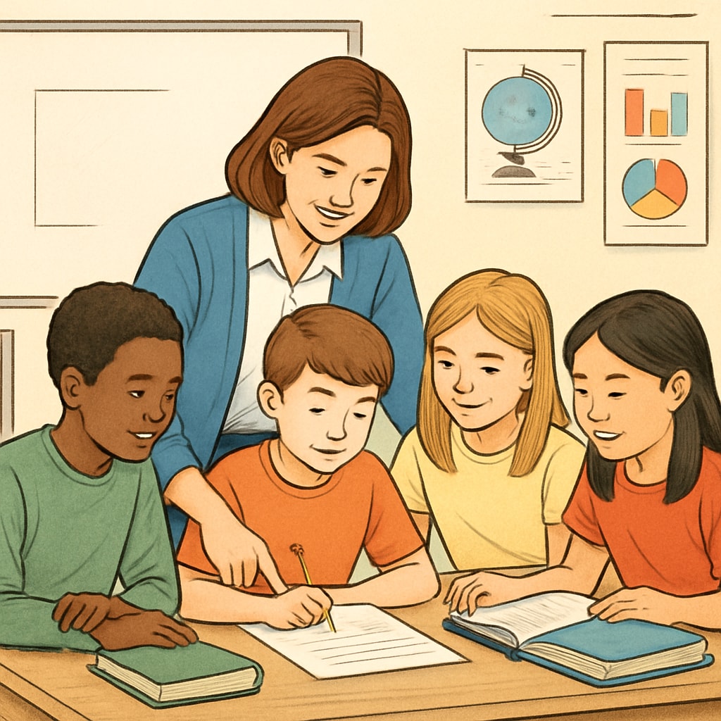 A teacher assisting students in a collaborative learning environment, emphasizing holistic education. Teacher guiding students in a learning activity, highlighting alternative education indicators.