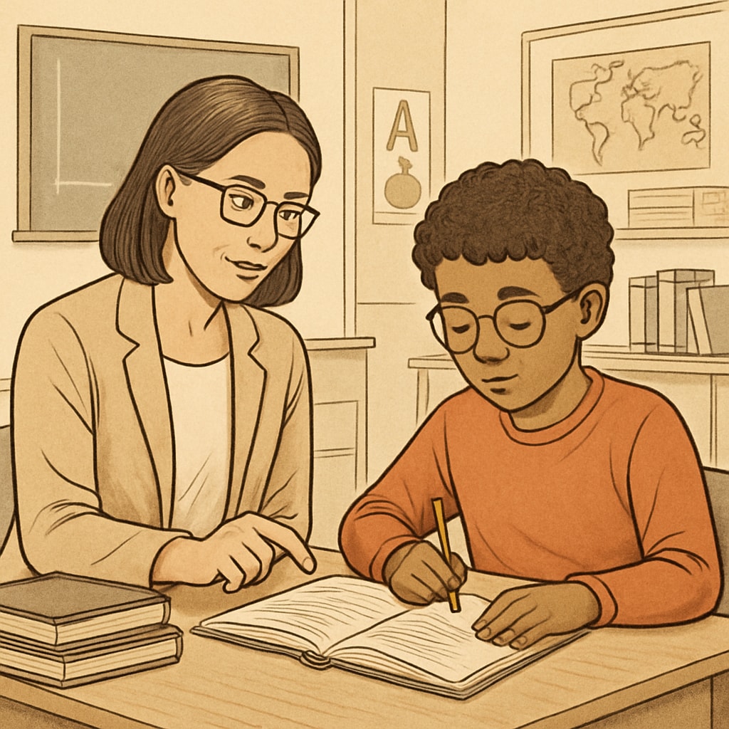 An educator working closely with a neurodiverse student, emphasizing personalized learning and inclusion. Teacher assisting a neurodiverse student, showcasing inclusive education for ADHD students.