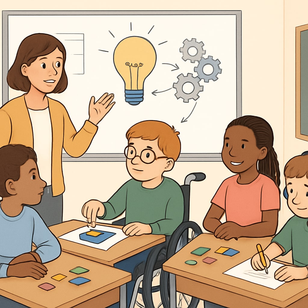 A classroom setting where a teacher engages neurodiverse students in creative problem-solving activities. ADHD students engaging in gifted education programs through creative problem-solving activities.