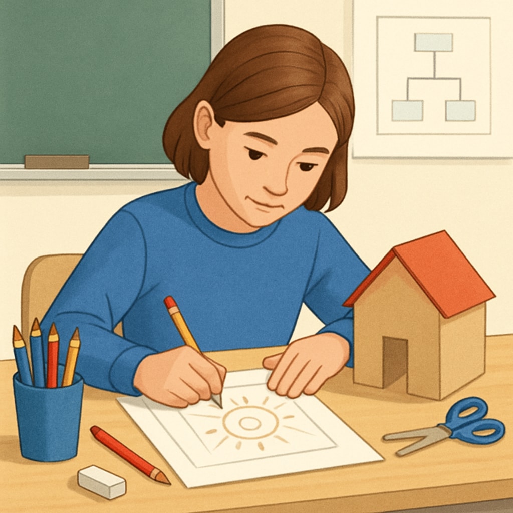 A close-up of a student working on a creative project, showcasing artistic and problem-solving skills. ADHD student demonstrating giftedness through a hands-on creative project.