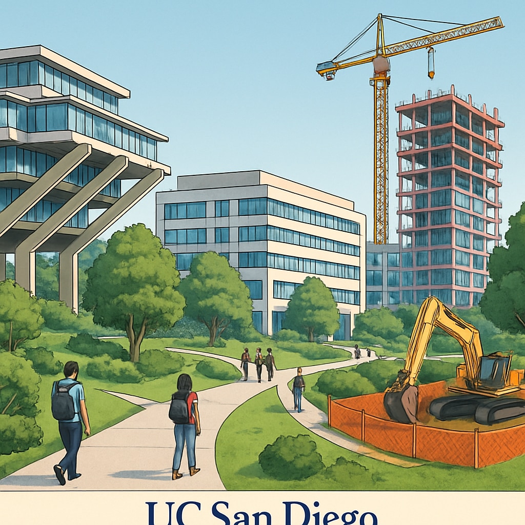 A modern university campus with new buildings under construction, representing UC San Diego's expansion efforts. UC San Diego expansion efforts with new campus buildings under construction.
