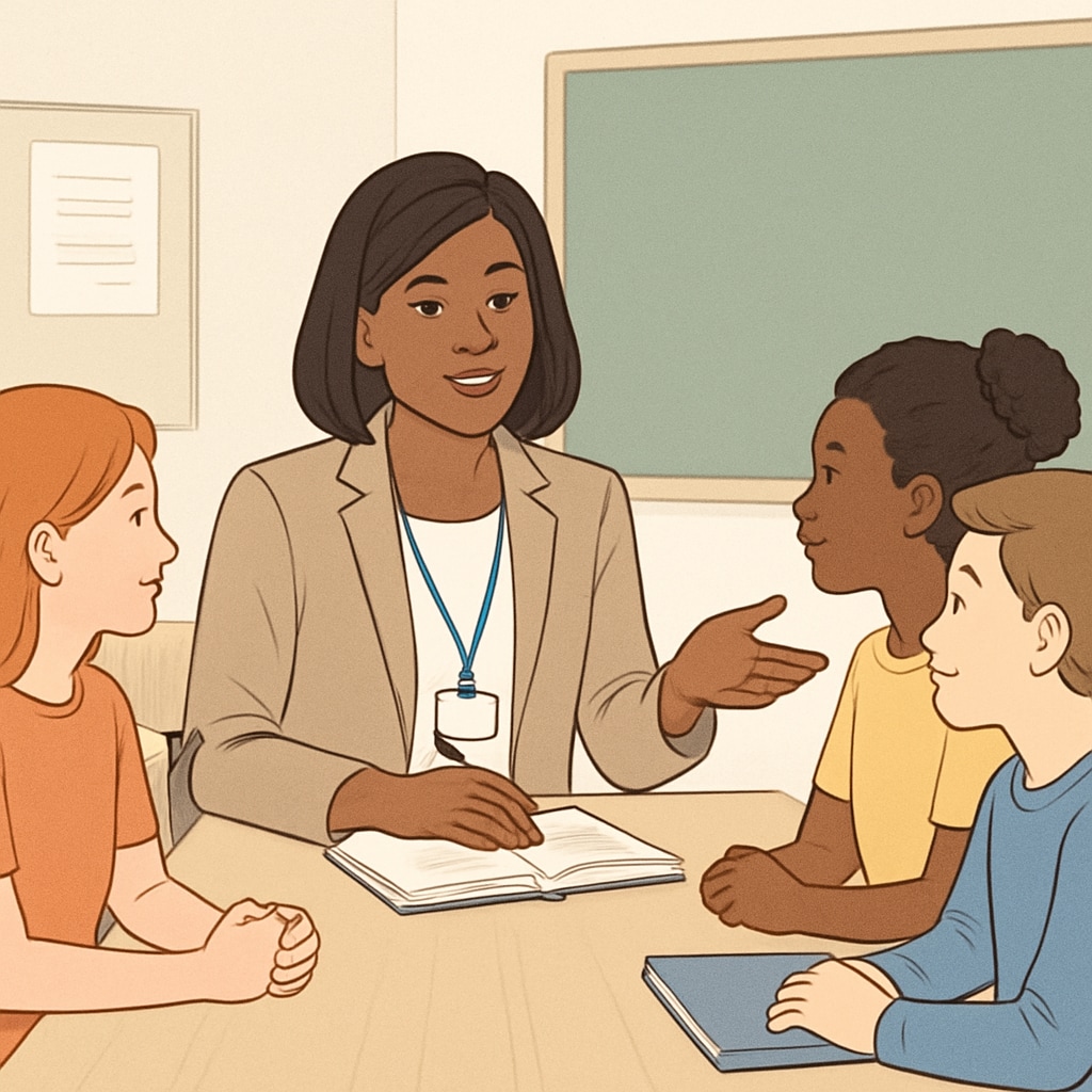 School counselor working with students in a classroom setting.
