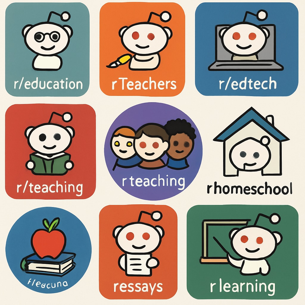 A collage of subreddit logos such as r/education, r/Teachers, and r/edtech, showcasing their diversity. Logos of top educational subreddits like r/education and r/Teachers.