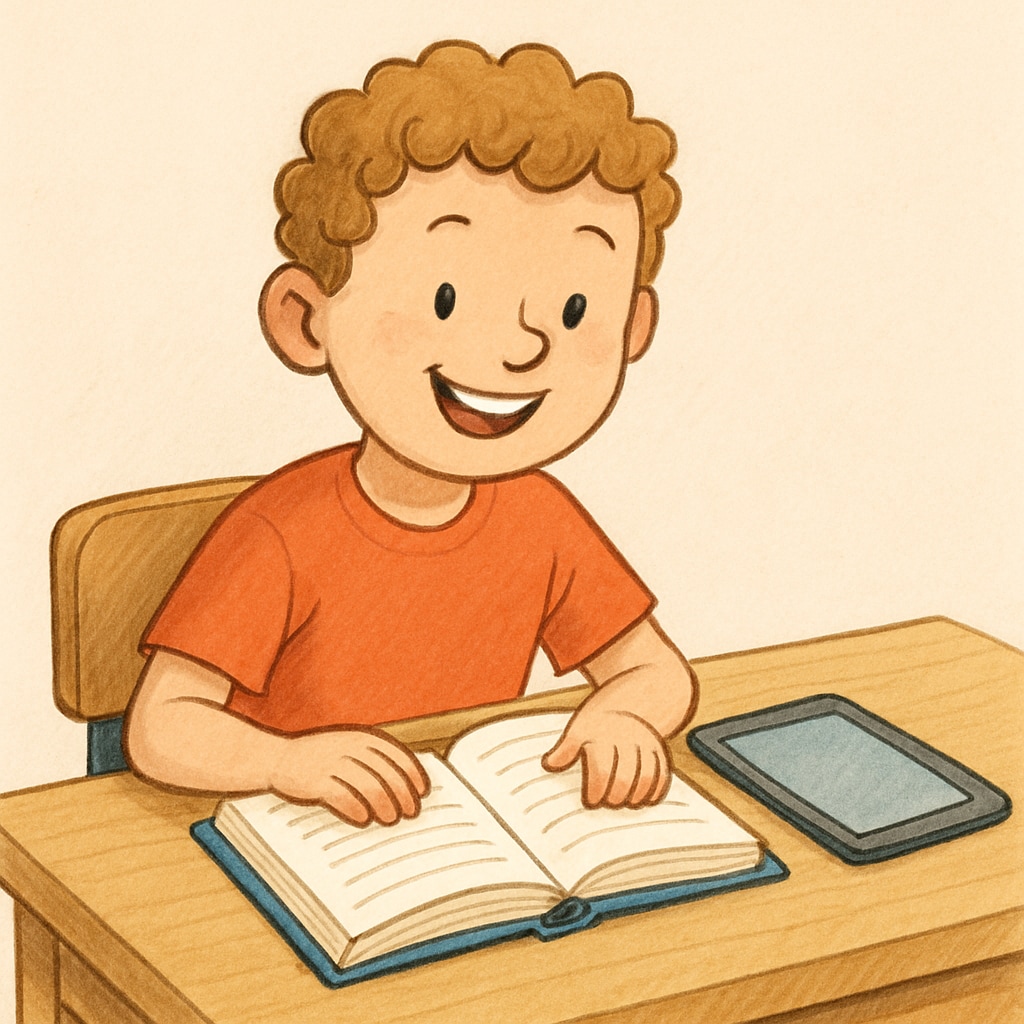 A child reading a book alongside a tablet to represent the concept of a children's reading app.