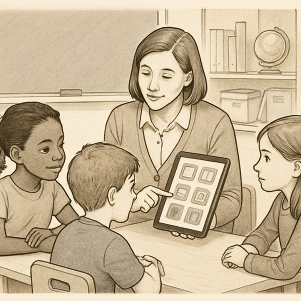 A teacher using a tablet with students to demonstrate classroom integration of a children's reading app.