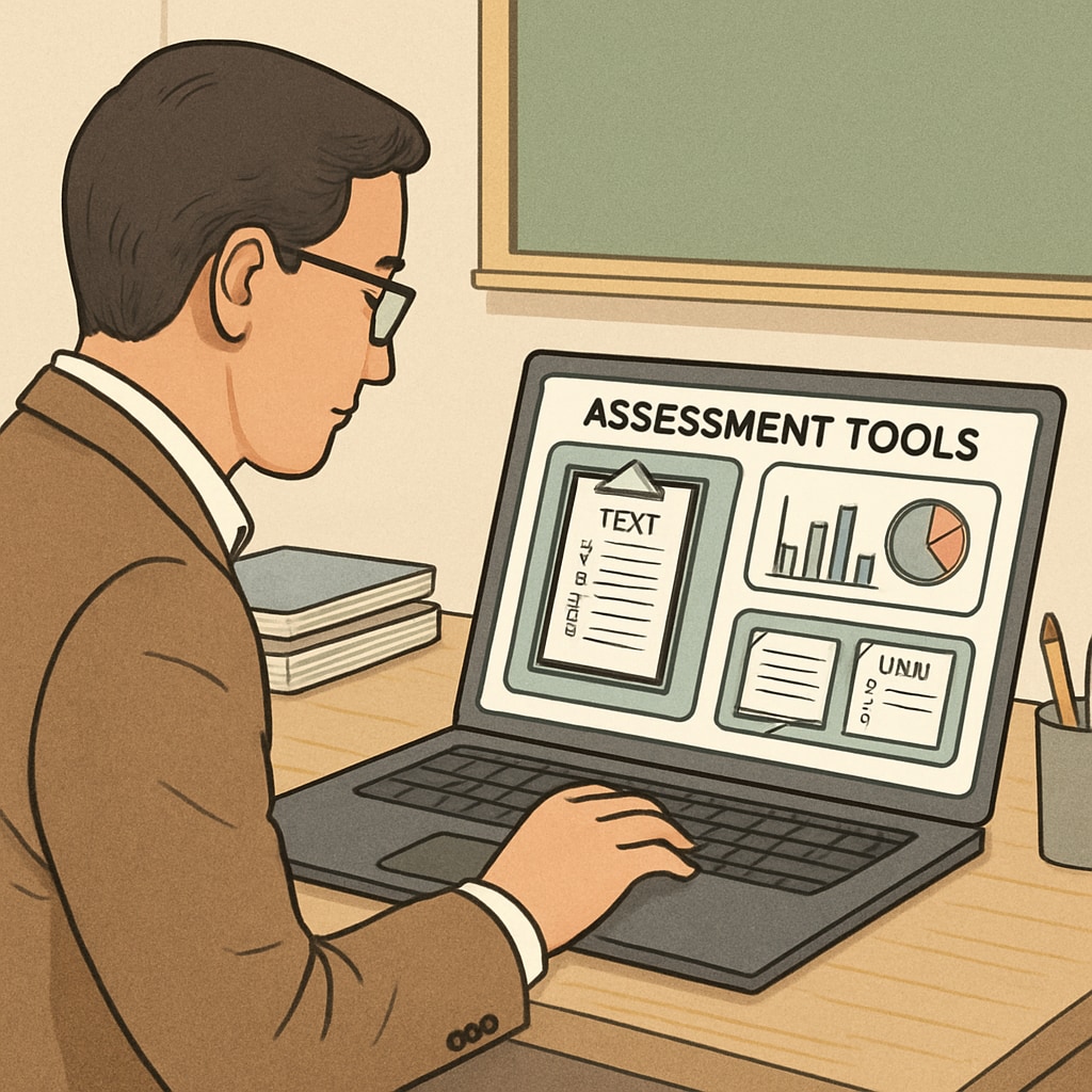 A teacher evaluating assessment tools on their laptop, with various educational resources displayed on the screen. A teacher reviewing high-quality assessment resources online for classroom use.
