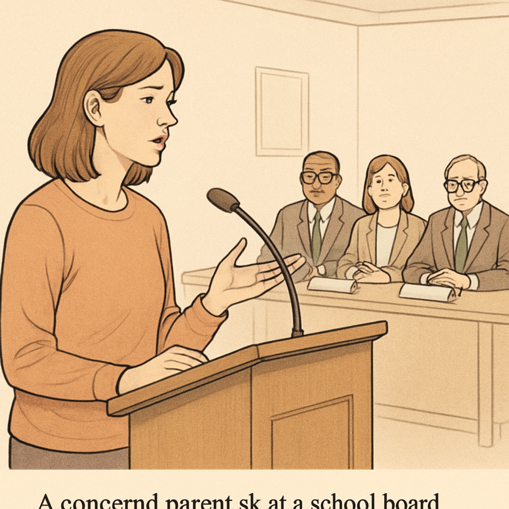 A concerned parent speaking at a school board meeting about child safety concerns. Parent addressing school board about child safety concerns.