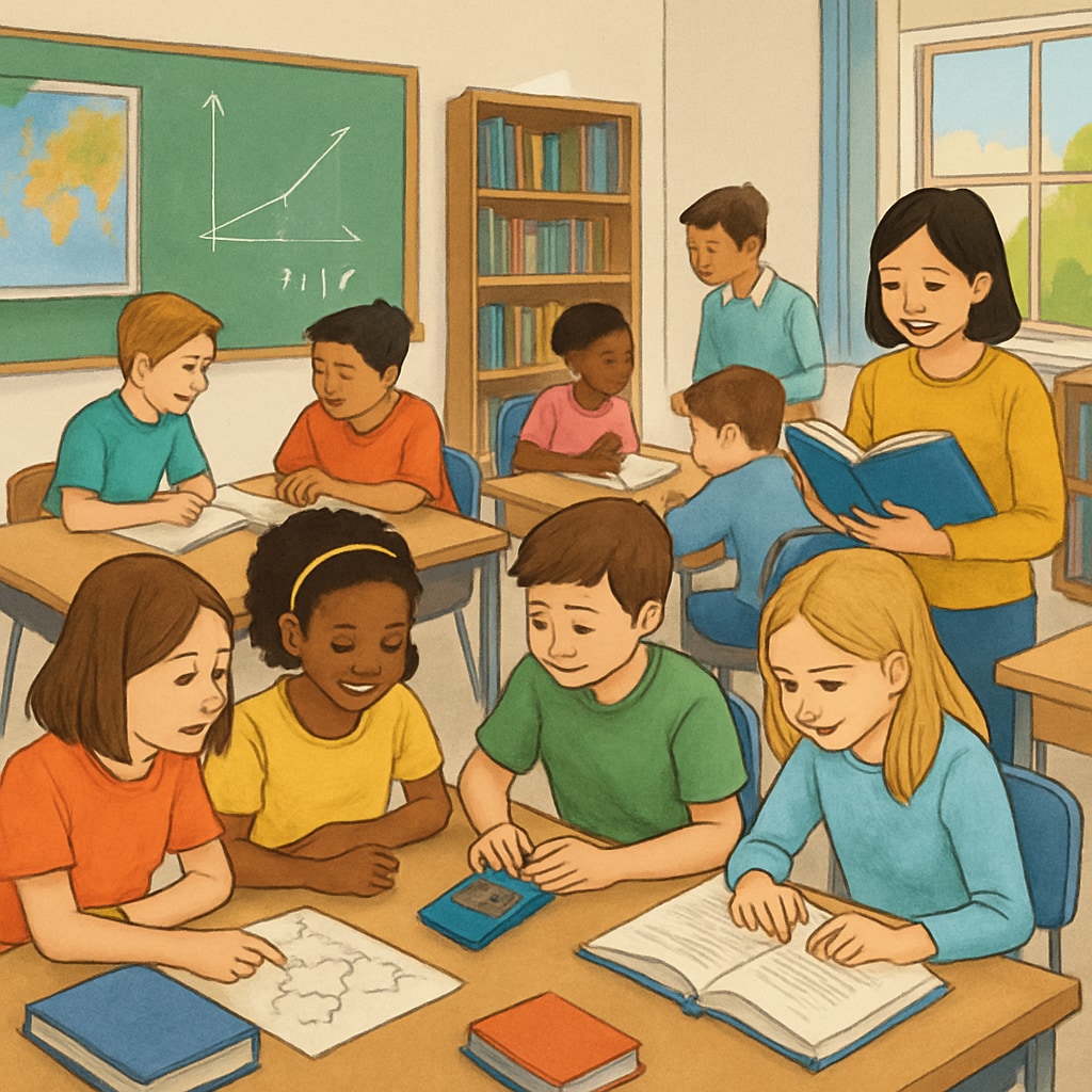 A classroom environment showing students engaging in collaborative problem-solving activities, representing diverse learning styles. Students working together in a classroom, illustrating diverse learning styles and collaborative problem-solving.