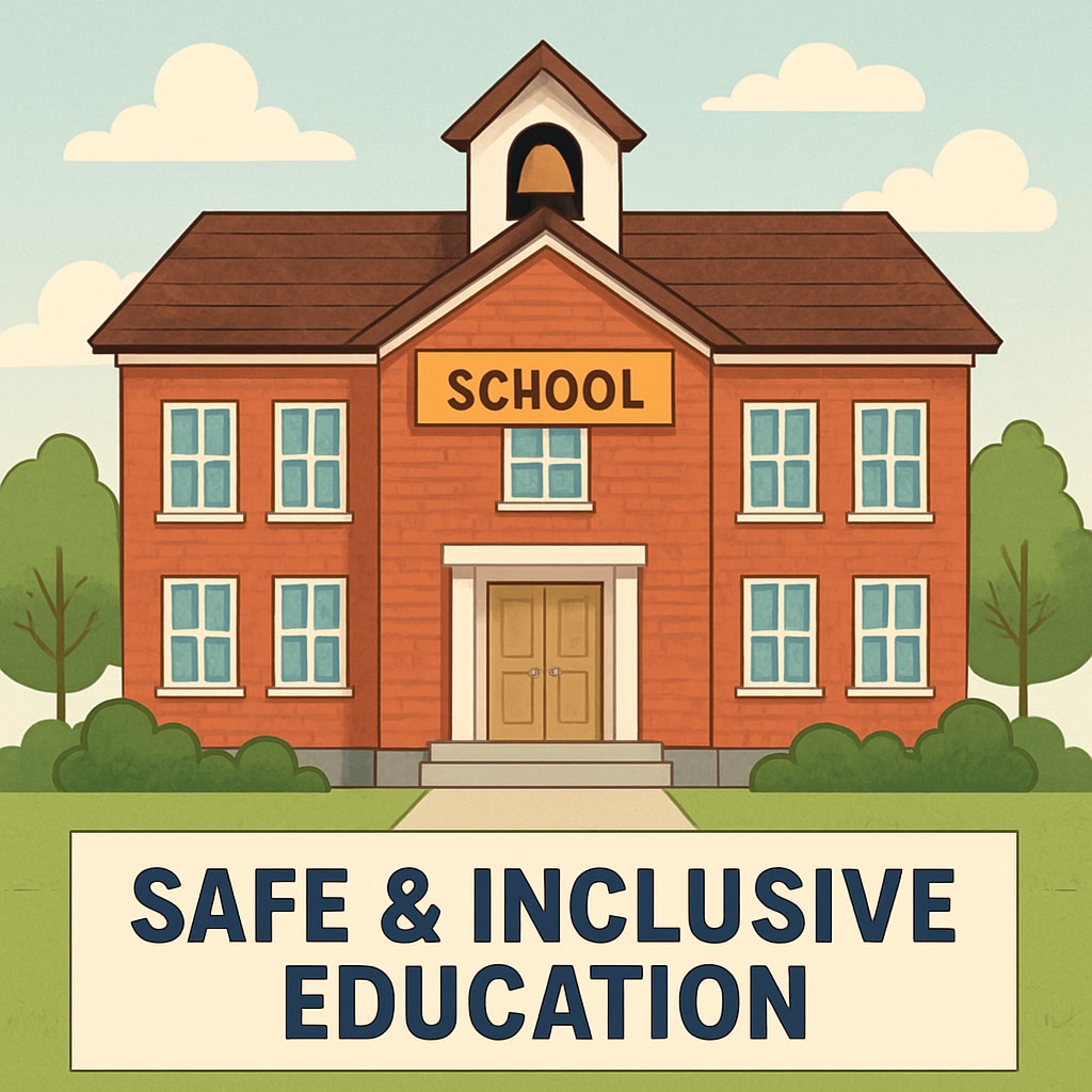 A school building with a banner promoting safe and inclusive education. School building with a banner emphasizing child safety and inclusive education.