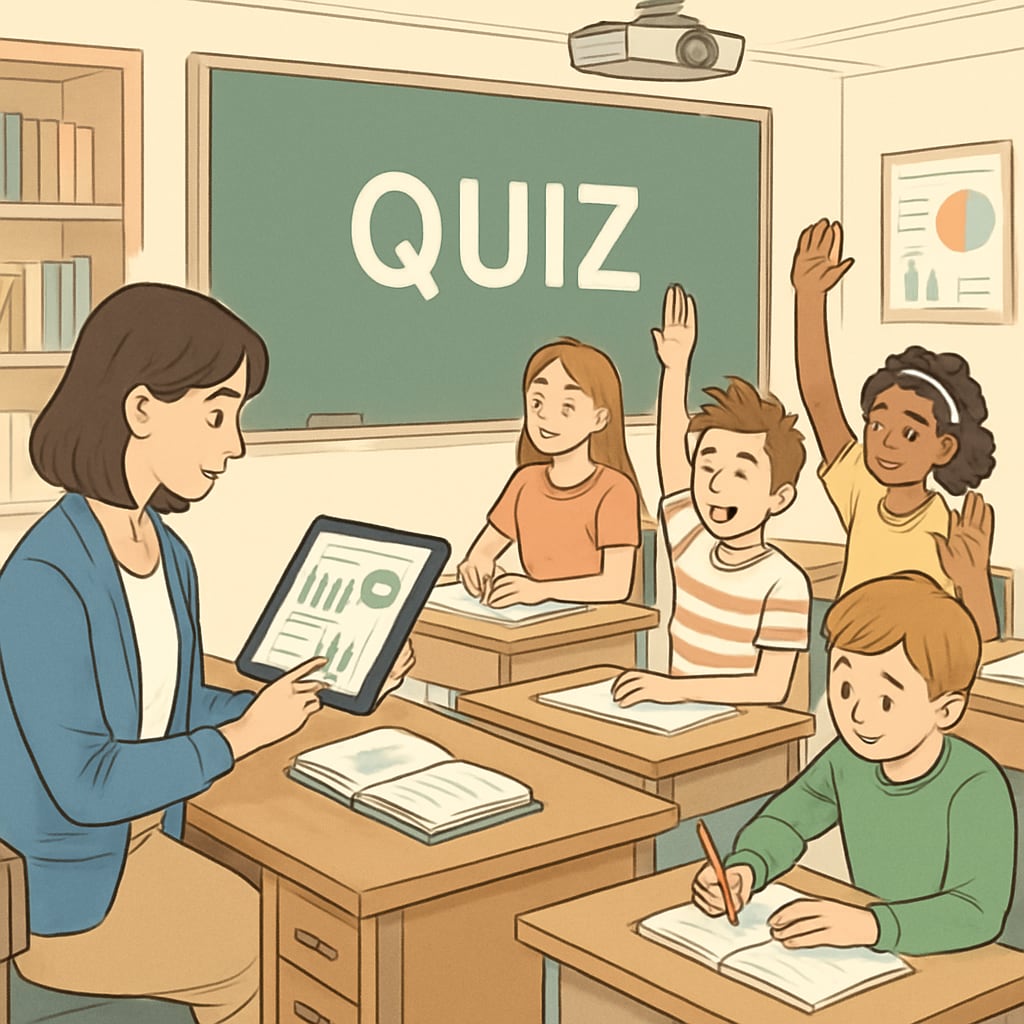 A classroom environment where students are engaged in a quiz, while a teacher analyzes performance data on a tablet. Students taking a quiz as the teacher evaluates their progress using data-driven tools.