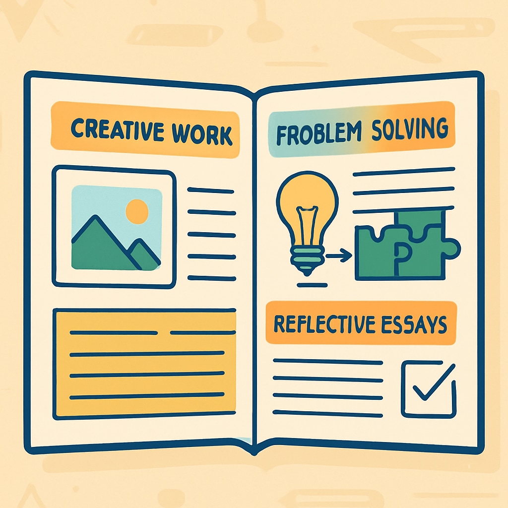 A student portfolio showcasing creative work, problem-solving projects, and reflective essays, symbolizing holistic evaluation methods. Student portfolio with creative and problem-solving projects, representing holistic learning assessments.