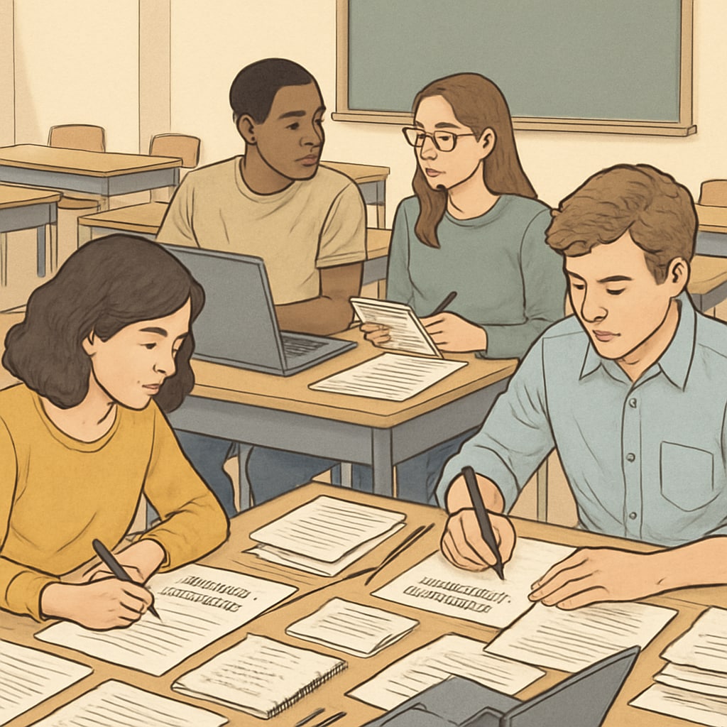 A classroom setting with students working on graduate applications, representing the planning stage of US master's applications. Students planning their US master’s applications in a classroom setting.