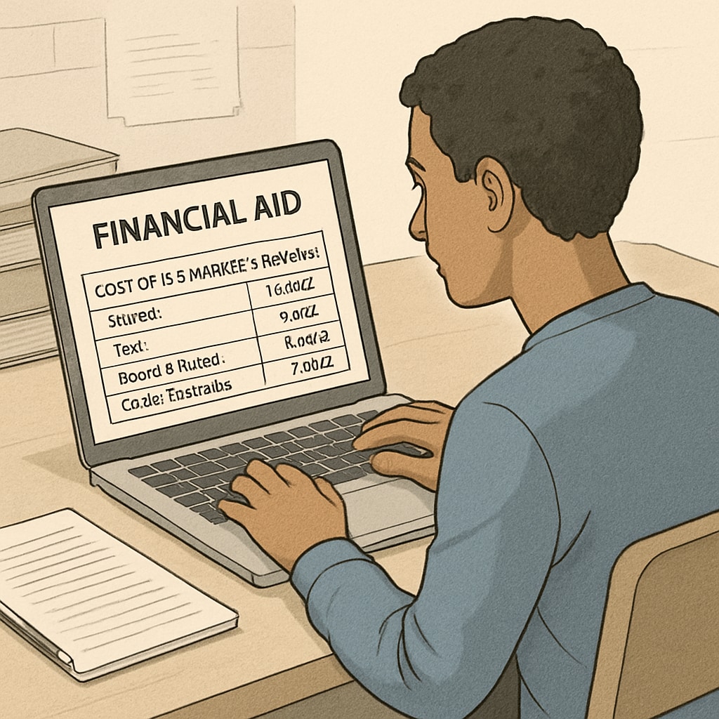 A student reviewing financial aid options on their laptop, emphasizing the cost analysis of a US master's program. A student assessing financial aid options for a US master’s program.