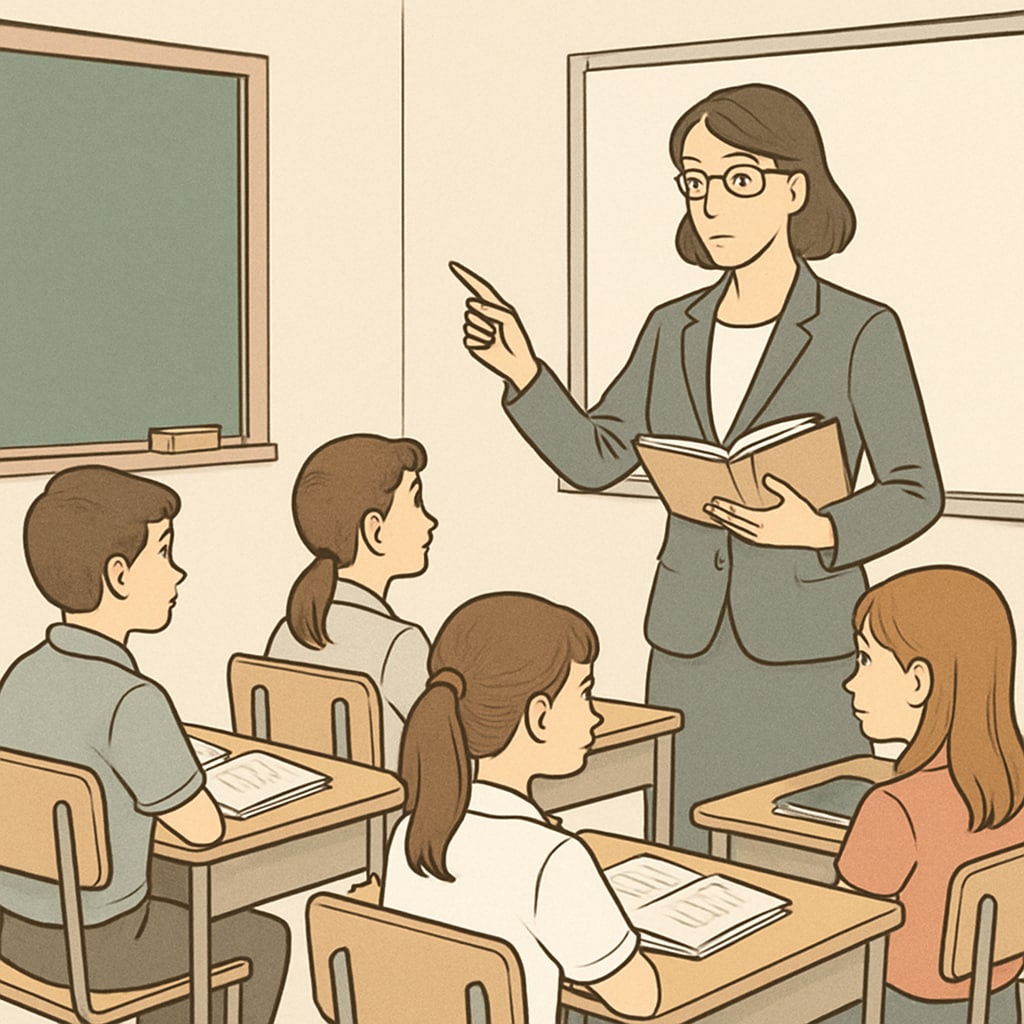 A teacher guiding students in a classroom, symbolizing balance in teaching methods.