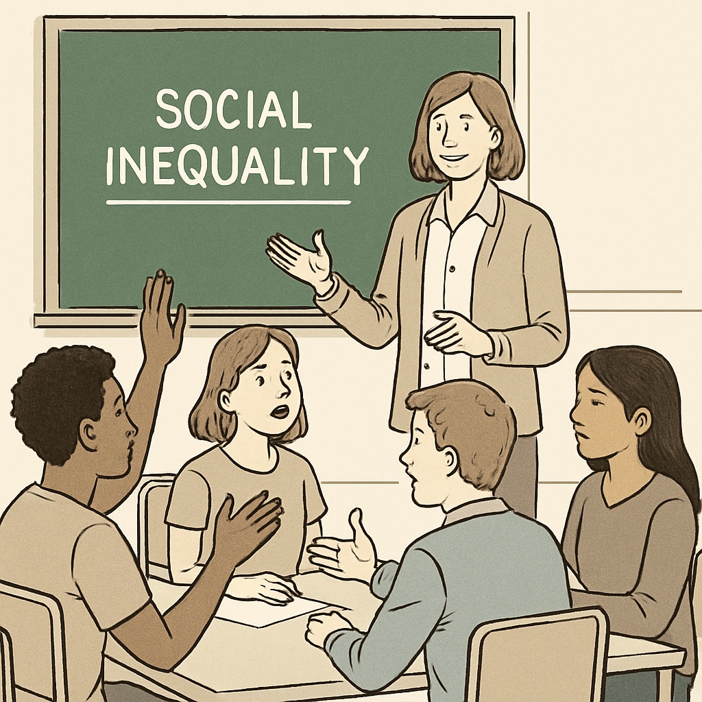 Students discussing social inequality in a classroom as part of social studies education.