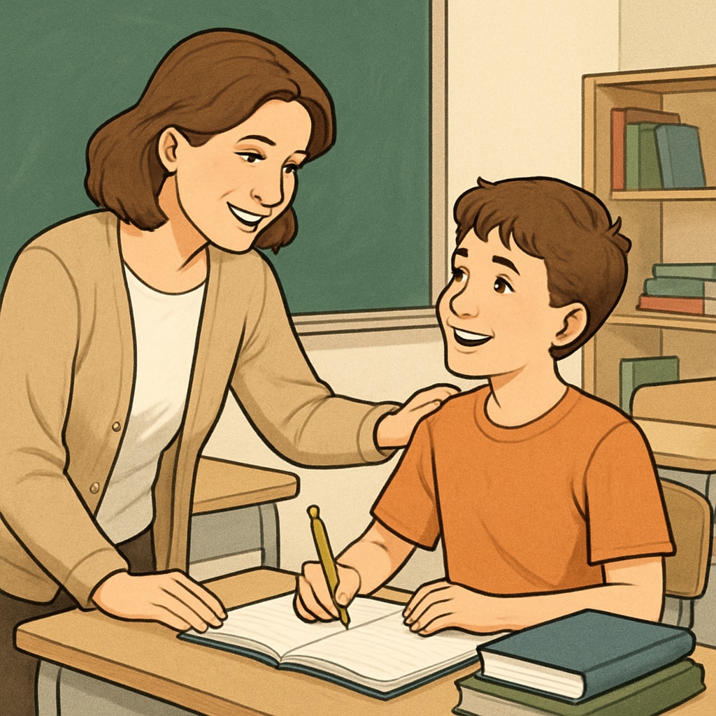 A teacher encouraging a student in a relaxed classroom, showcasing nurturing teaching methods.