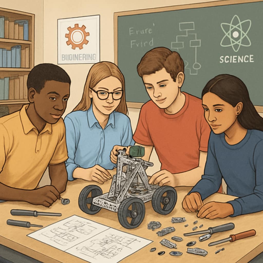 Students working on a robotics project in a classroom as part of a CTE-integrated curriculum.