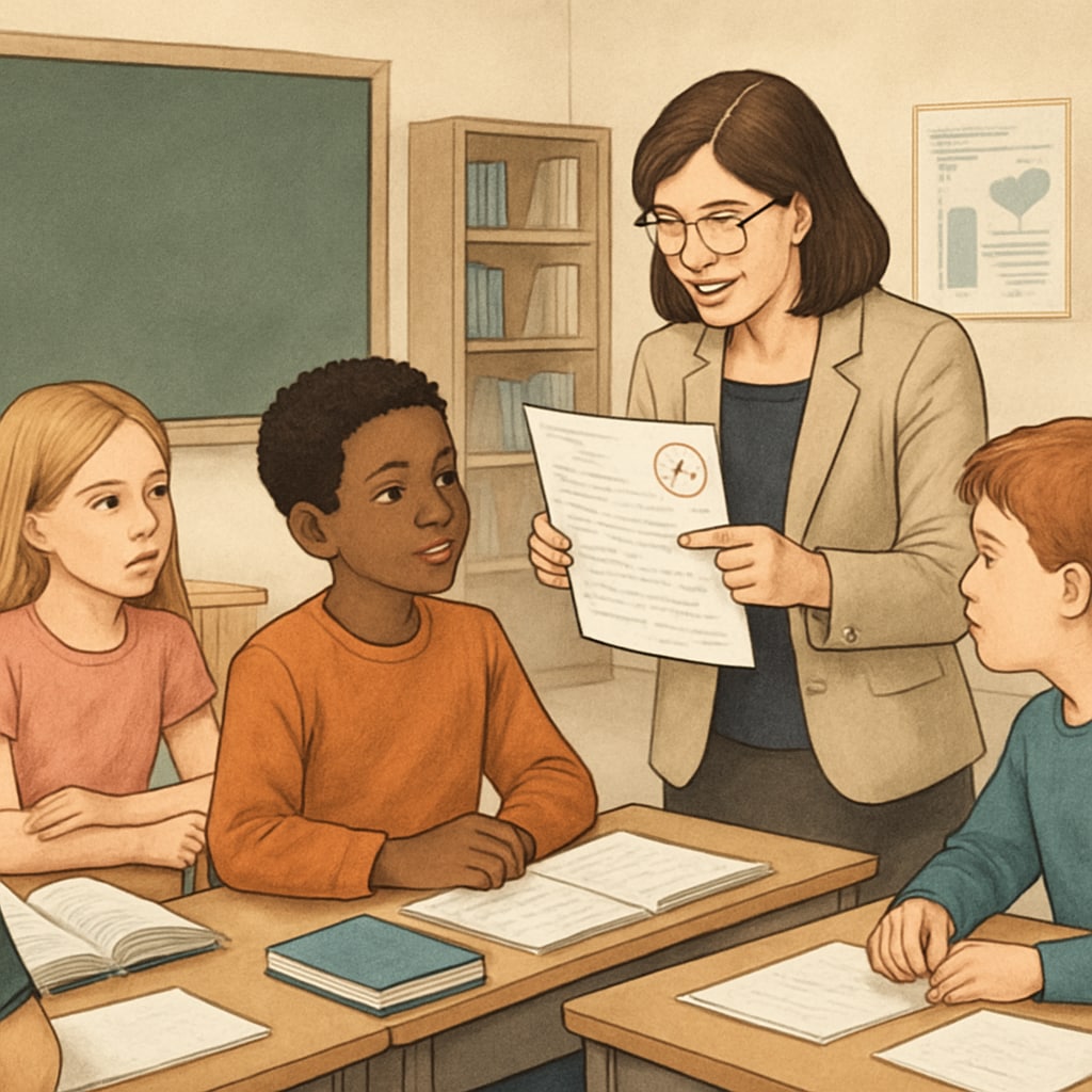 A teacher discussing test results with students in a classroom, emphasizing K12 education.