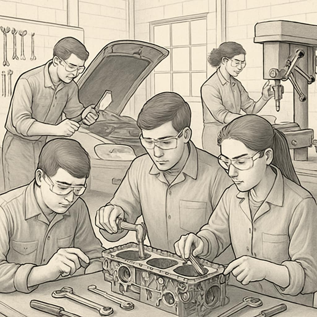 High school students learning automotive engineering skills in a CTE workshop.