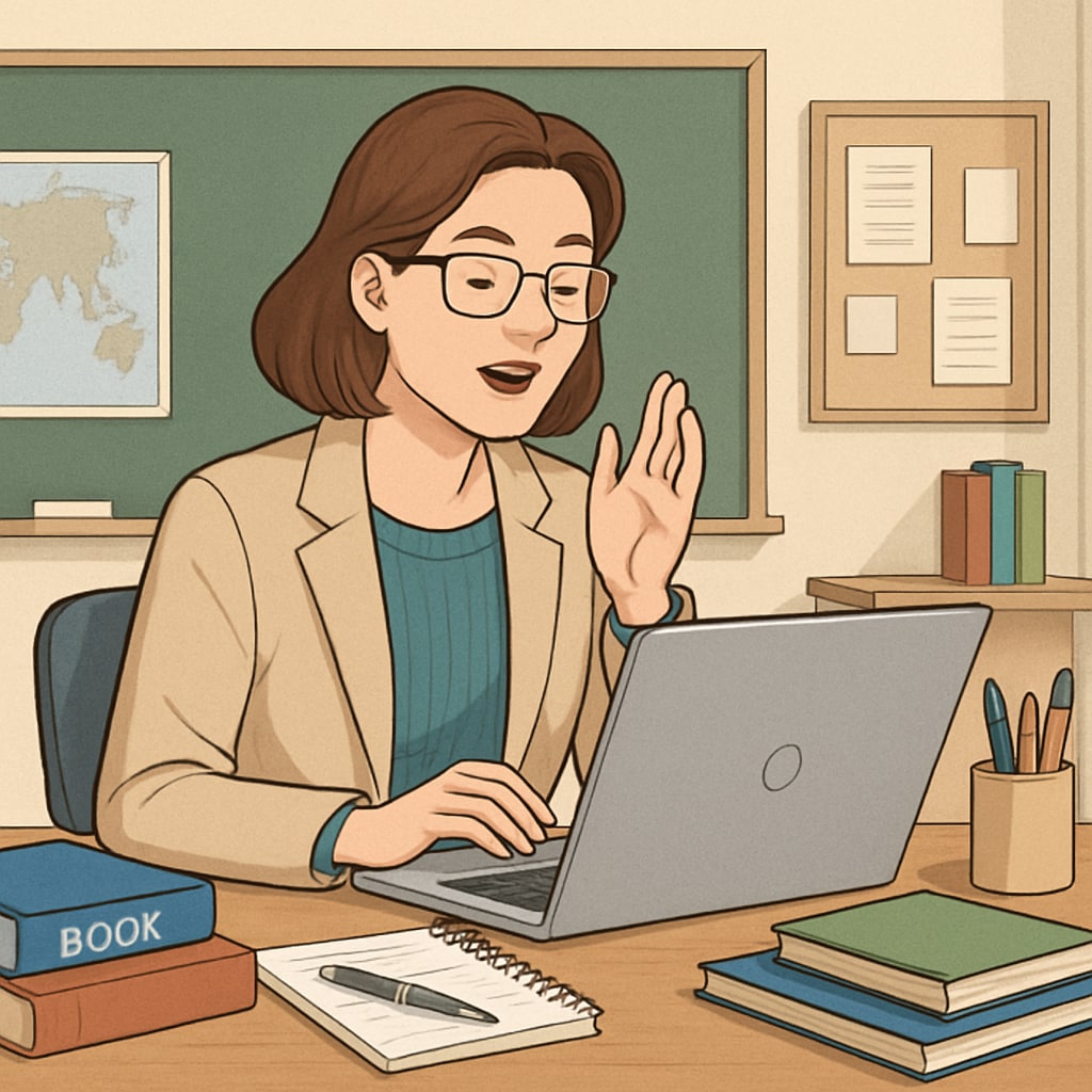 A teacher dictating lesson plans into a voice recognition software on her laptop, streamlining her workflow. A teacher using voice recognition software for lesson planning, improving workflow efficiency.