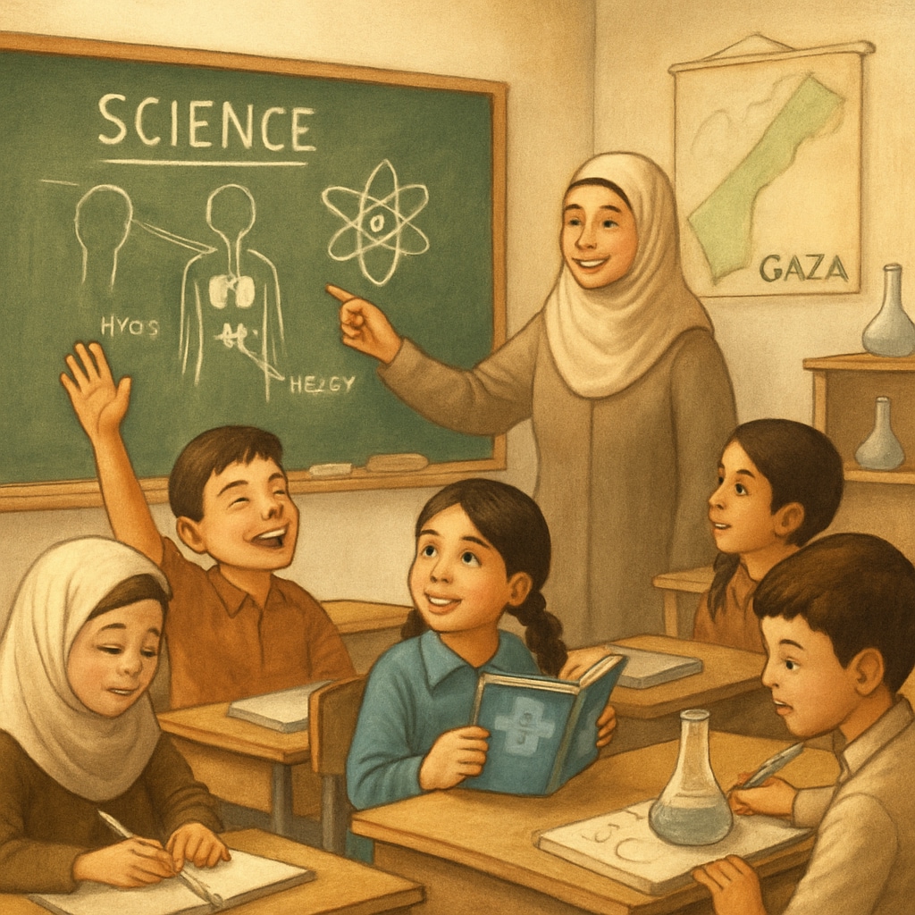 Gaza school students learning science, symbolizing education rebuilding.