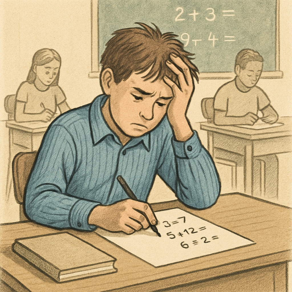 A student sitting at a desk, looking stressed while solving math problems in an exam setting. A stressed student solving math problems during an exam, representing math exam anxiety.