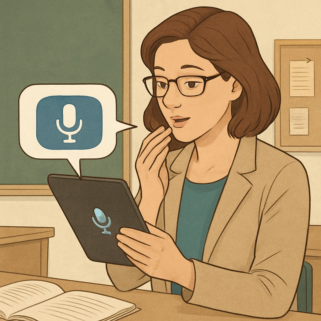 A teacher using voice recognition software to send a voice note feedback to a student on her tablet. A teacher leveraging voice recognition to provide quick feedback, enhancing communication.