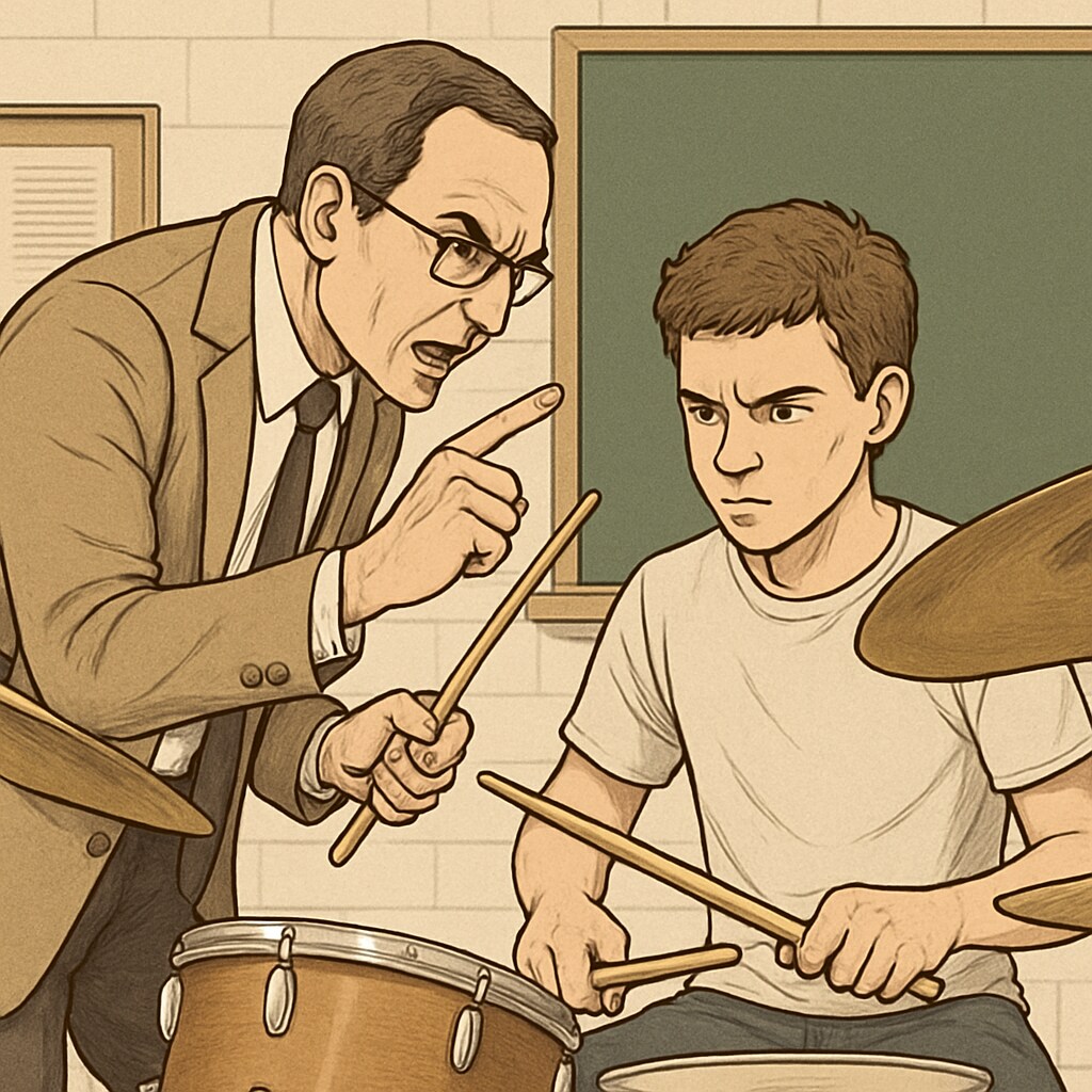 Intense music teacher instructing drummer, representing extreme education pressure.