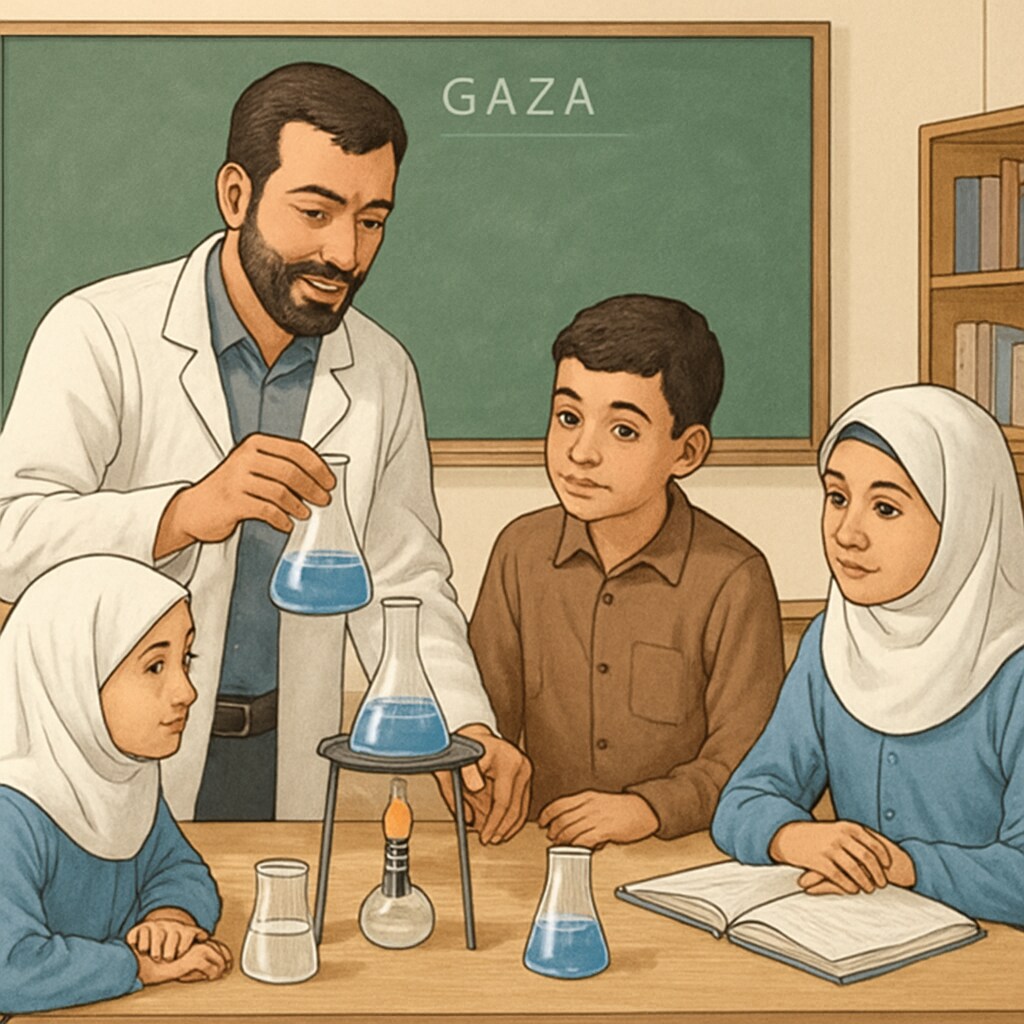 Gaza teacher and students engaging in a science experiment as part of active learning.