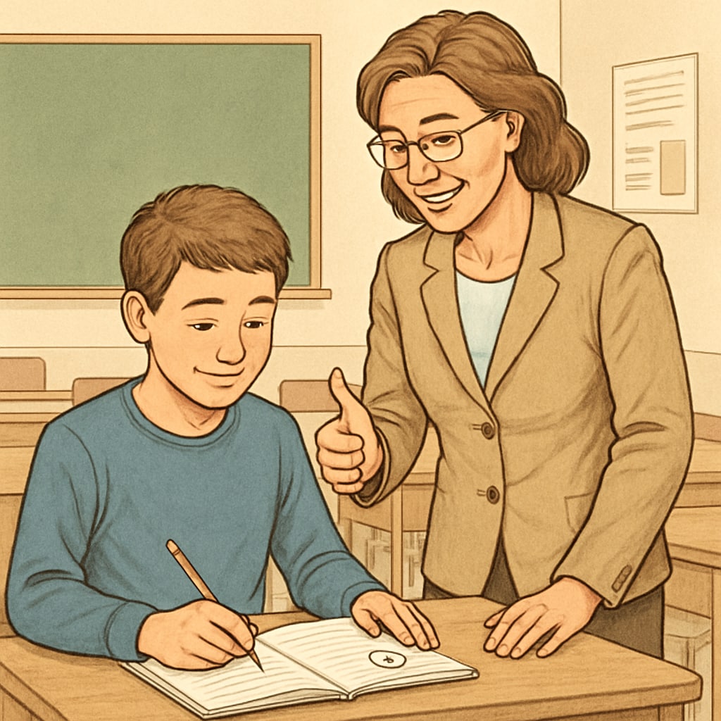 Teacher giving constructive feedback to student, symbolizing balanced education methods.