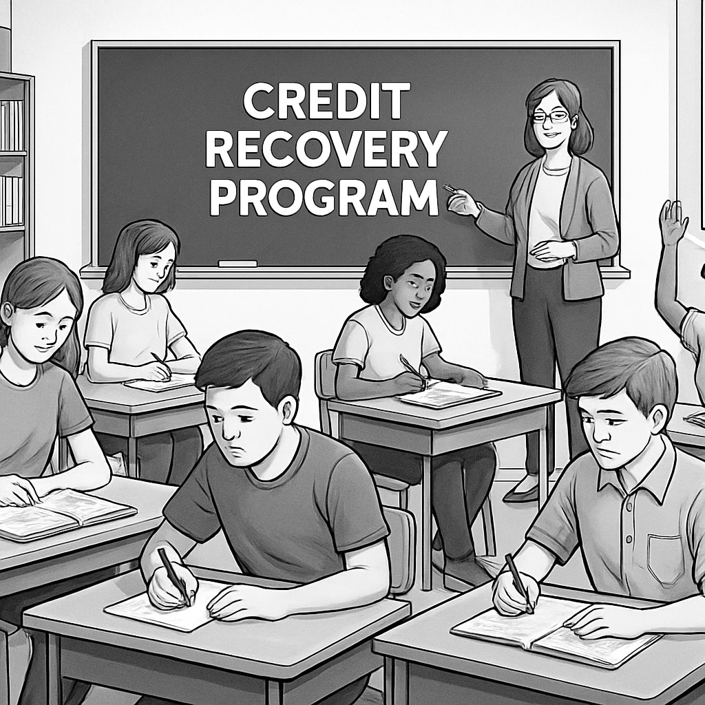 A classroom setting with students actively engaging in a credit recovery program. High school students participating in a credit recovery class to catch up on credits.