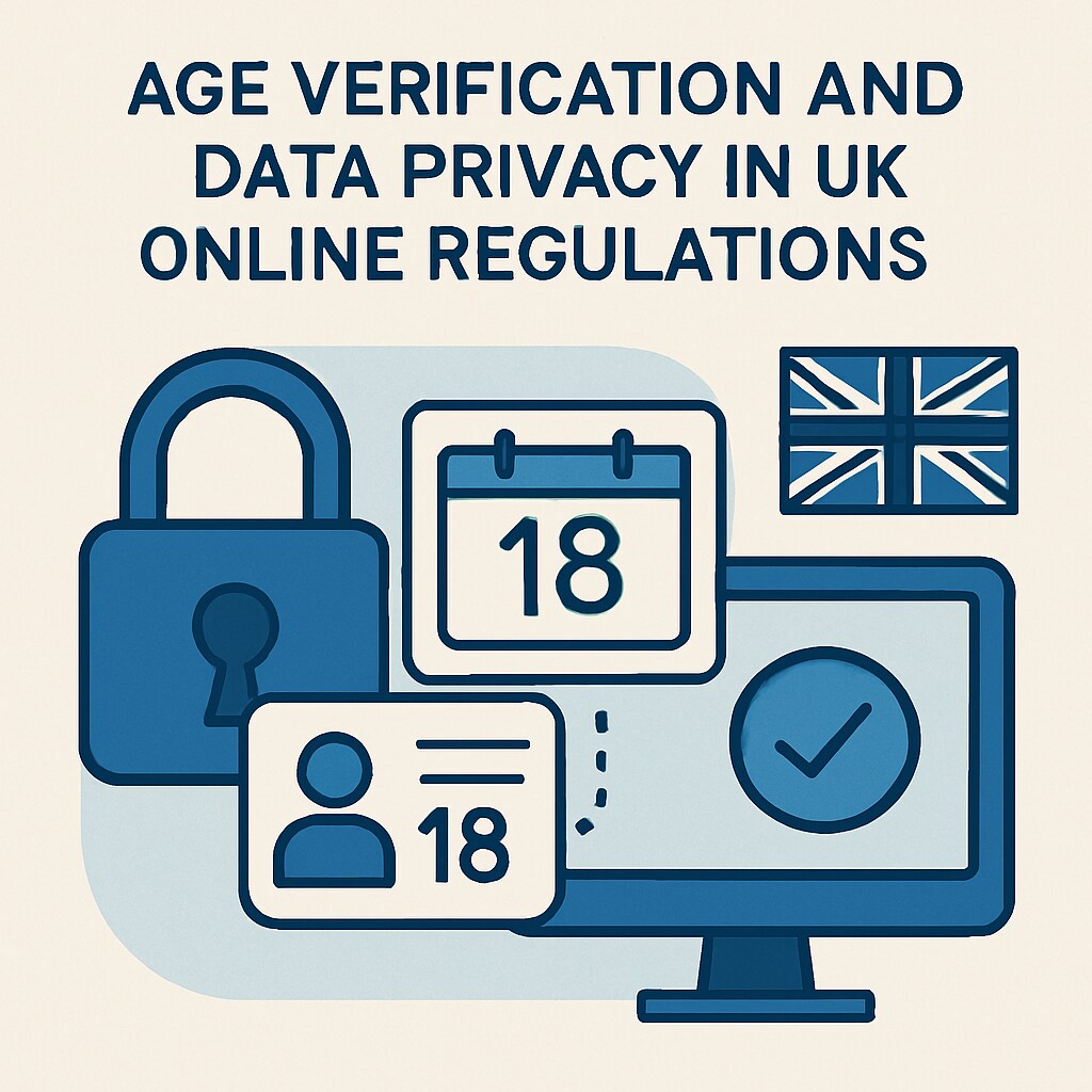 An illustrative graphic showing the concept of age verification and data privacy in UK online regulations. Age verification graphic depicting UK policies and data privacy concerns.