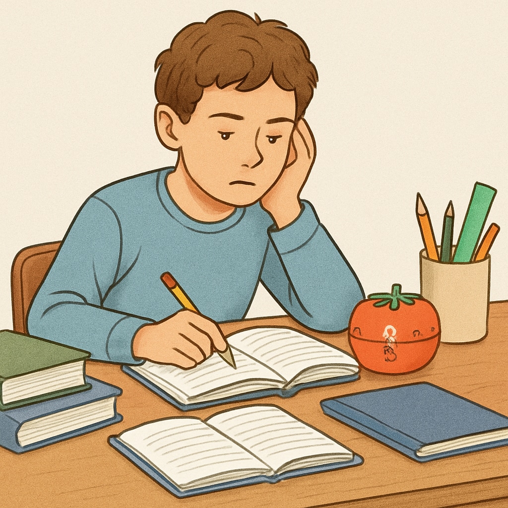 A student with ADHD using a Pomodoro timer to focus on their studies. ADHD student employing time management techniques to succeed academically.