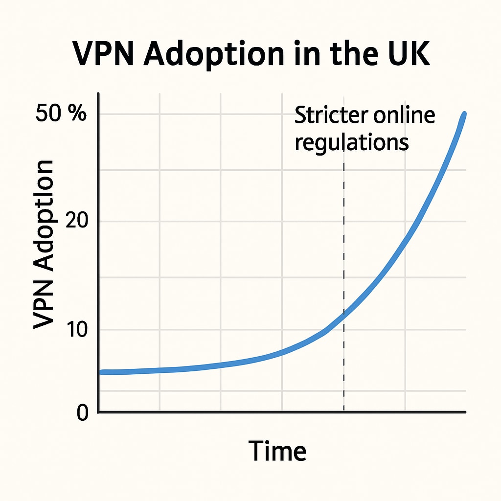 A chart showing the increase in VPN adoption in the UK after stricter online regulations were implemented. Chart illustrating VPN usage trends in response to UK online regulations.