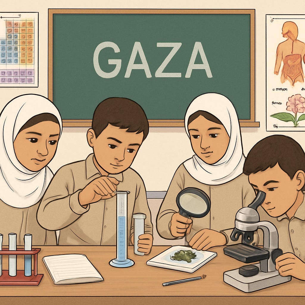 A classroom in Gaza where students are learning science through hands-on activities. Gaza classroom with students engaging in science experiments.