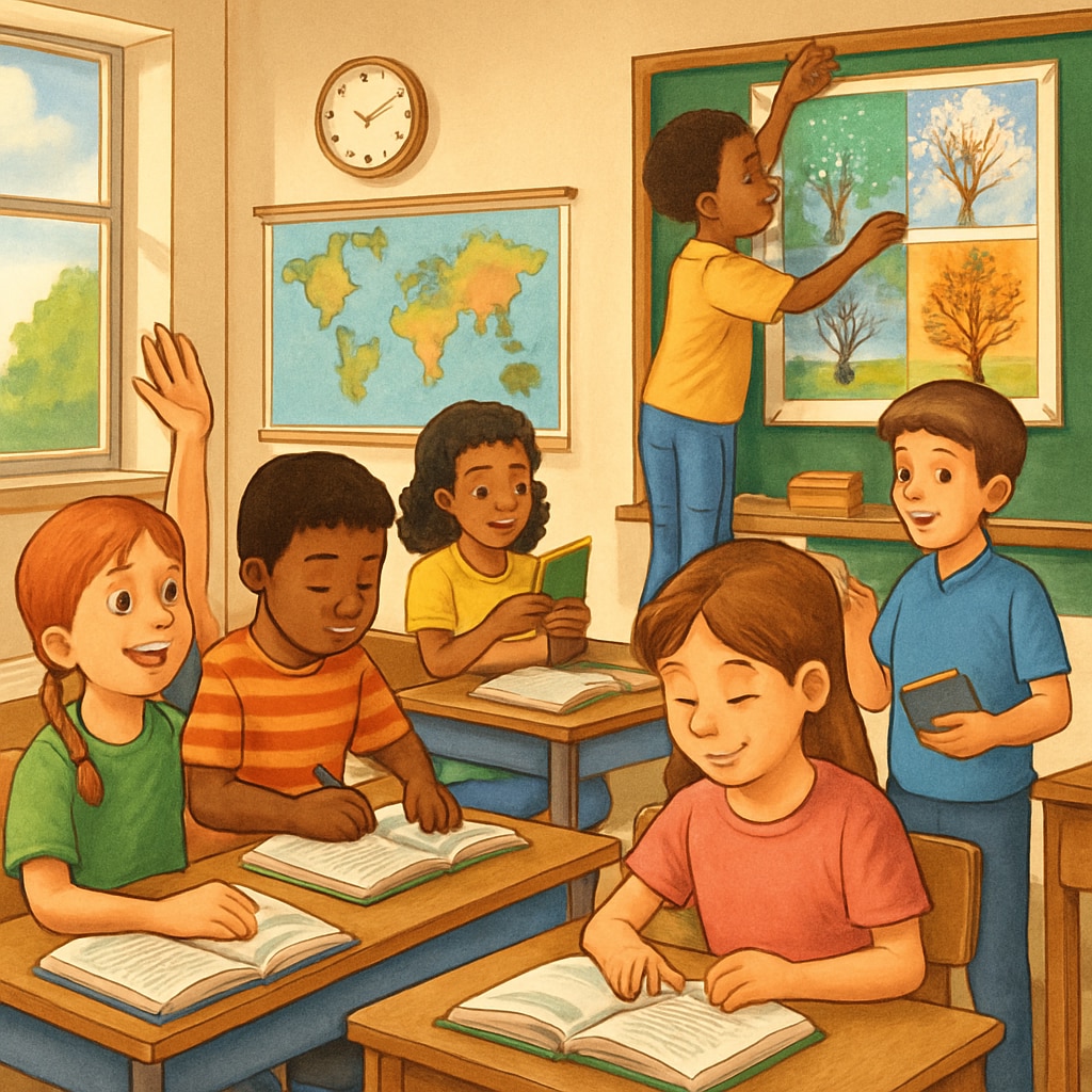 A classroom of students engaging in year-round schooling activities, illustrating continuous engagement with learning. Students participating in a year-round schooling model, emphasizing learning continuity.