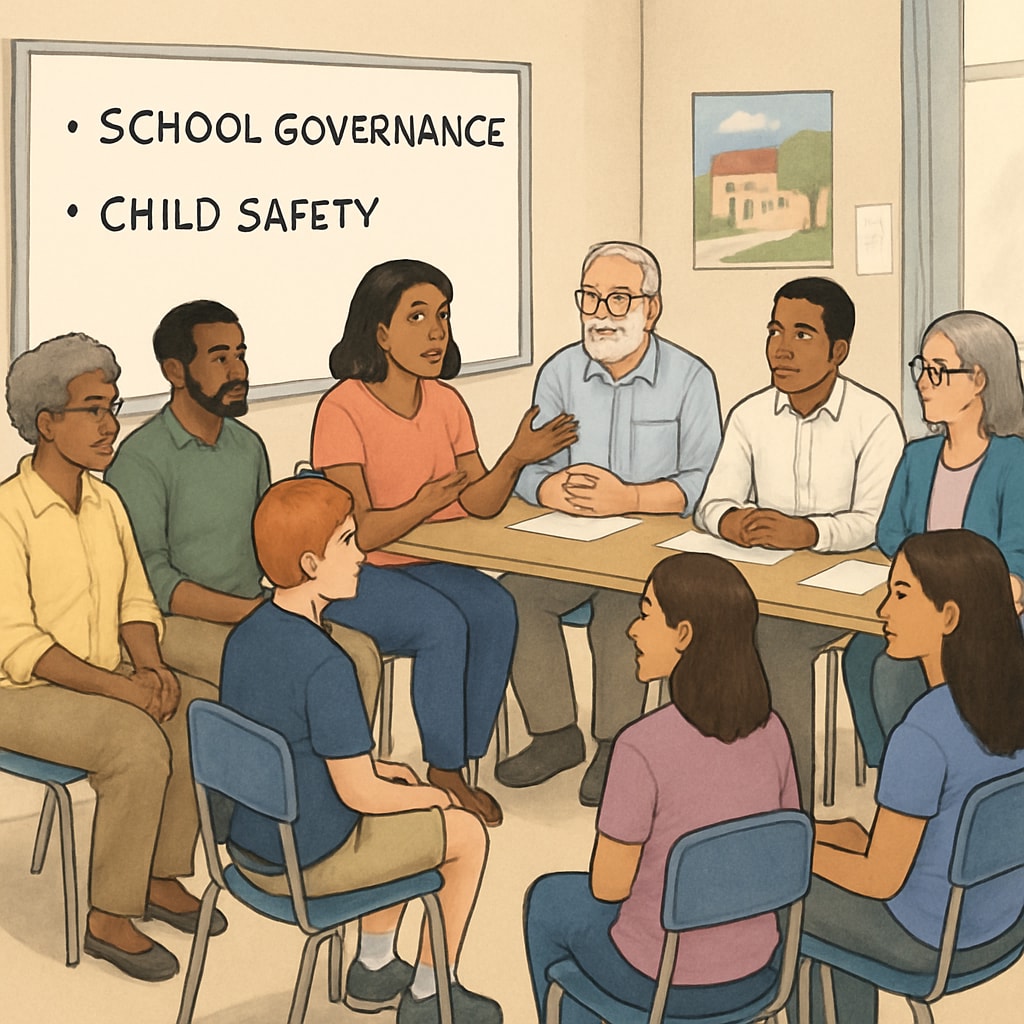 A community meeting discussing school governance and child safety concerns. The image portrays a diverse group of people engaged in conversation. Community meeting discussing school governance and child safety issues