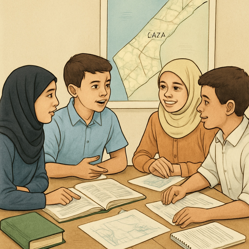 Students in Gaza discussing a group project on local history as part of their social studies curriculum. Gaza students collaborating on a social studies project.