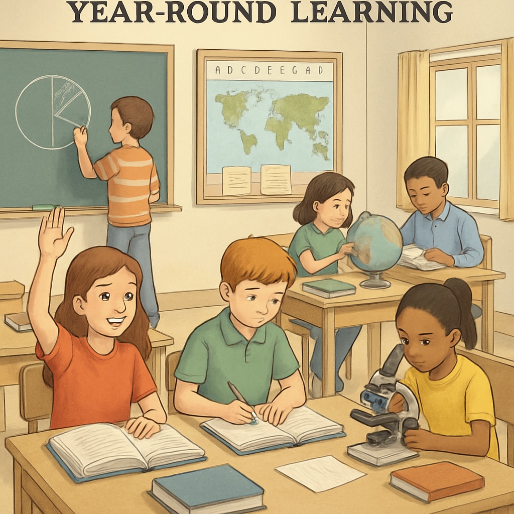 A classroom filled with students engaged in year-round learning activities, illustrating the concept of continuous education. Students in a classroom participating in year-round schooling activities to improve knowledge retention.
