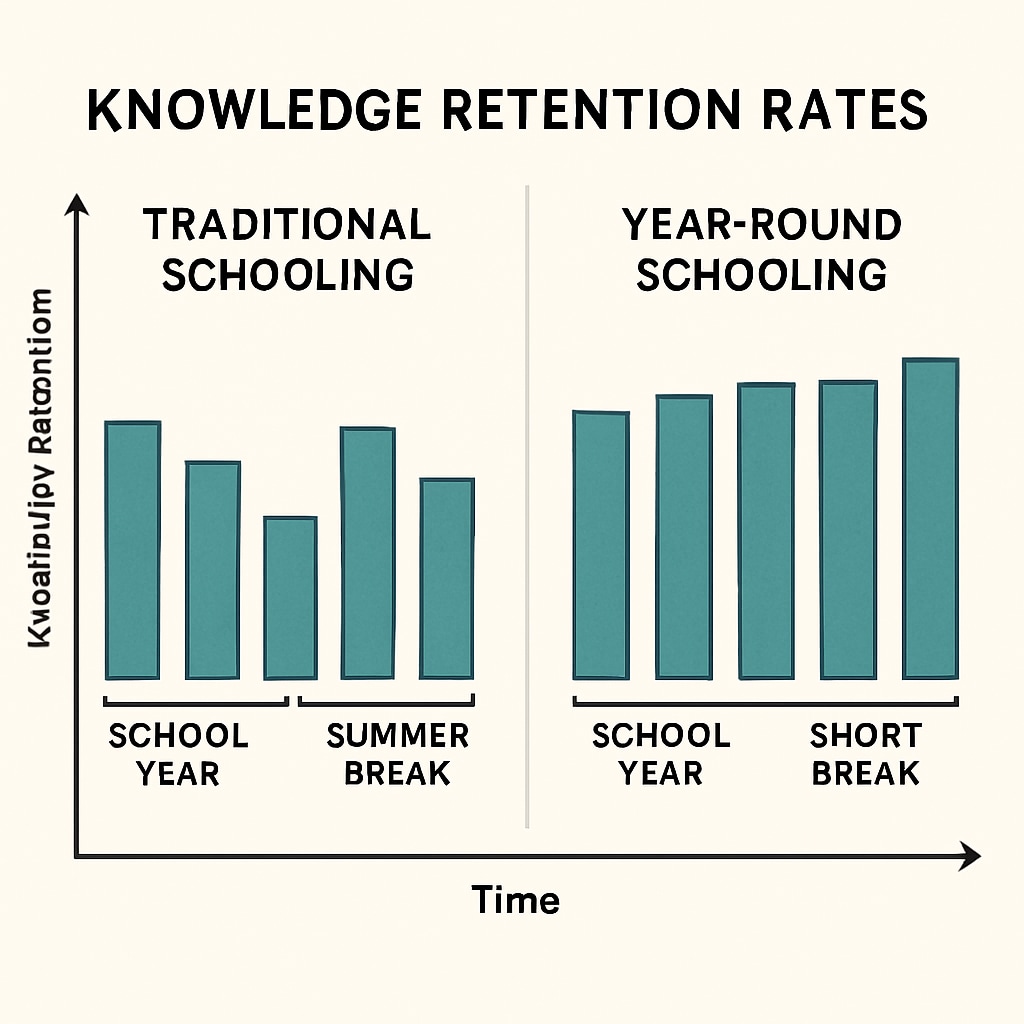 A graph comparing knowledge retention rates between traditional schooling and year-round schooling models. Graph showing improved knowledge retention in year-round schooling.