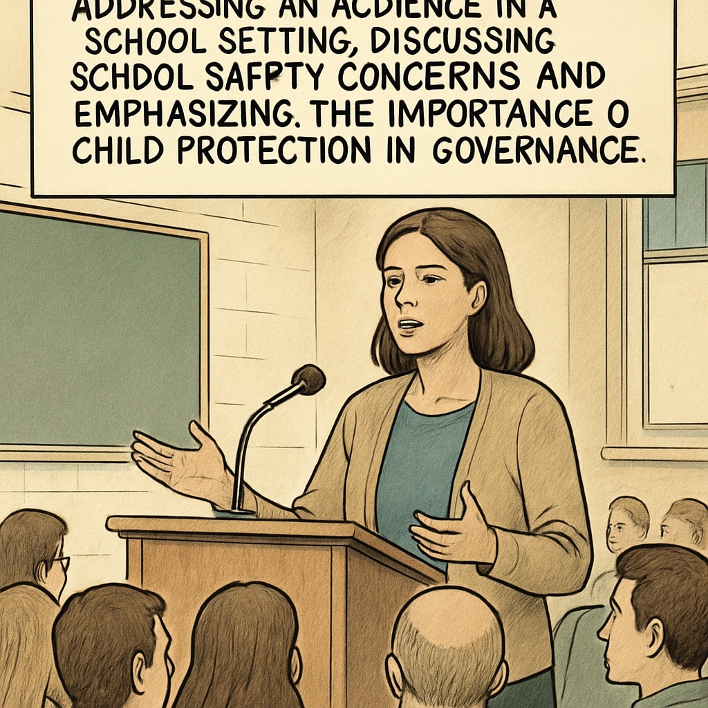 A parent speaking at a public forum about school safety concerns, emphasizing the importance of child protection in governance. Parent addressing child safety concerns at a public school forum