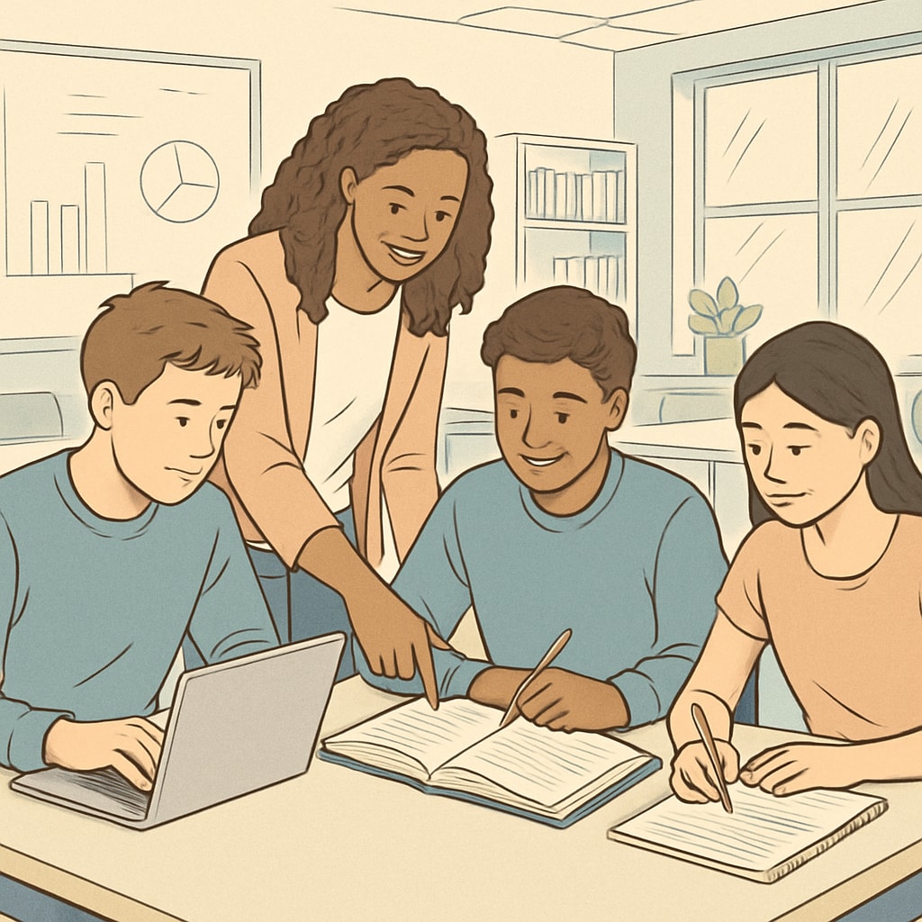 A diverse group of students collaborating on a project in a modern classroom, reflecting the benefits of year-round learning environments. Students collaborating on a project as part of a year-round schooling schedule.