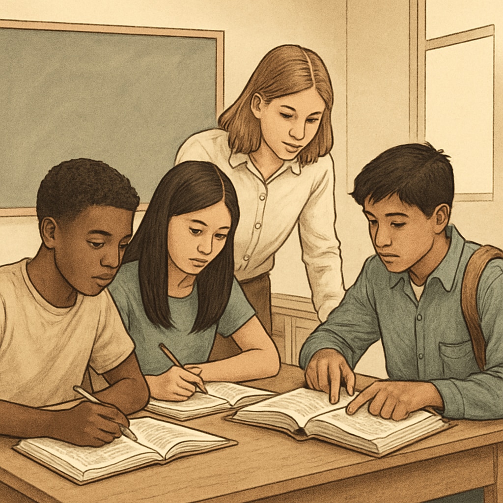 High school students in an underfunded classroom, highlighting educational inequality.