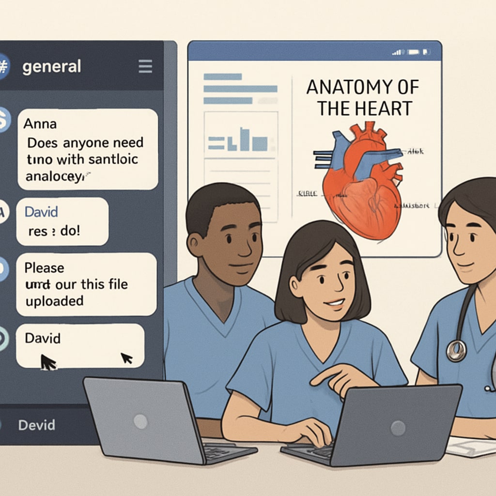 A group of nursing students collaborating in a Discord channel, with visible features like text chat and shared resources. Nursing students using Discord for study group discussions and resource sharing.