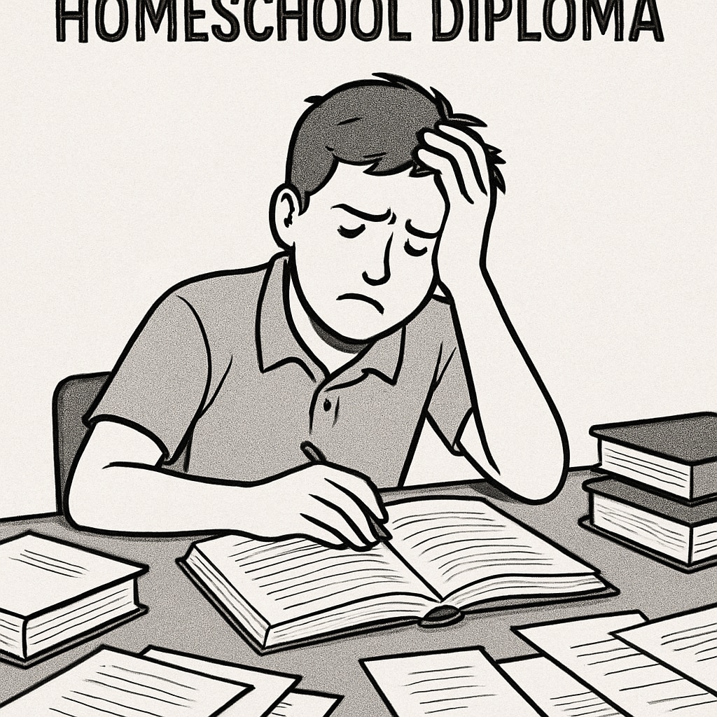 A frustrated student sitting at a desk surrounded by papers, symbolizing the struggle of obtaining a homeschool diploma. Homeschool diploma challenges: A frustrated student at a desk.