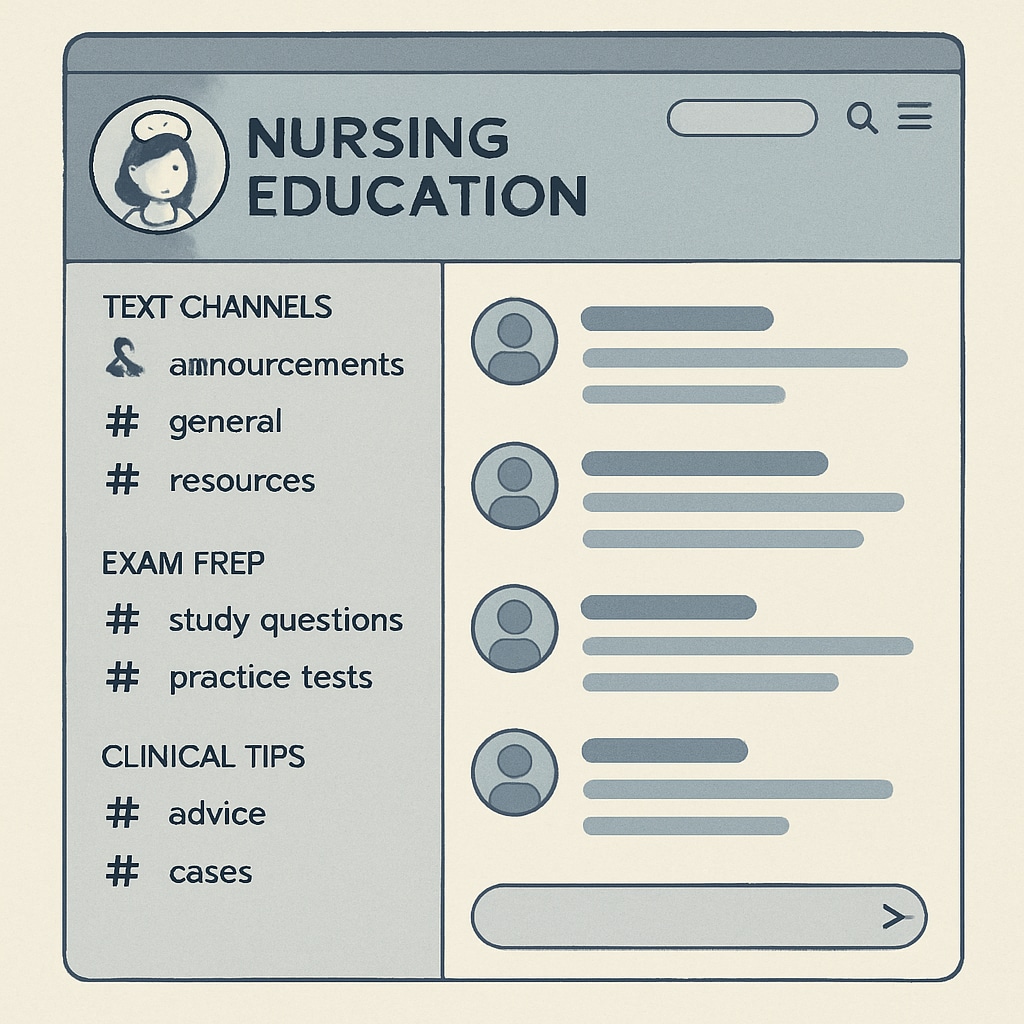 A screenshot of a well-organized Discord server with nursing education-related channels, showing category names like Organized Discord server for nursing students with specific study channels.