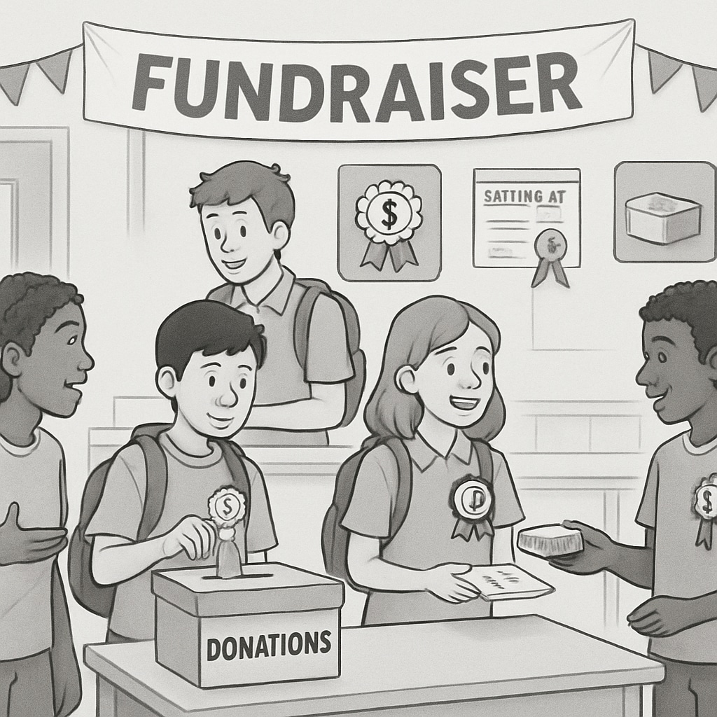 A group of students participating in a school fundraiser event, with visible distinctions in rewards based on donation levels. Students at a school fundraising event, highlighting economic disparities.