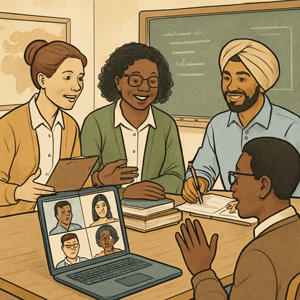 A group of educators collaborating online, representing a diverse and inclusive community. Online collaboration between educators symbolizing Reddit’s education communities.