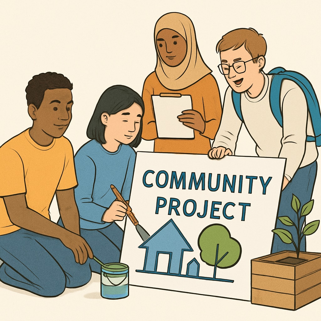 A diverse group of students working together on a community project, symbolizing inclusivity and teamwork. Students collaborating on a project, emphasizing inclusion in school activities.