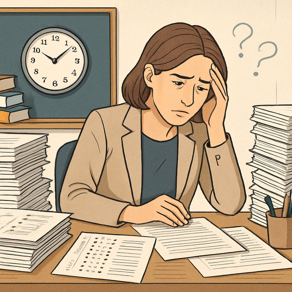 A teacher overwhelmed by standardized tests and papers, reflecting the constraints of modern education systems. Frustrated teacher surrounded by paperwork